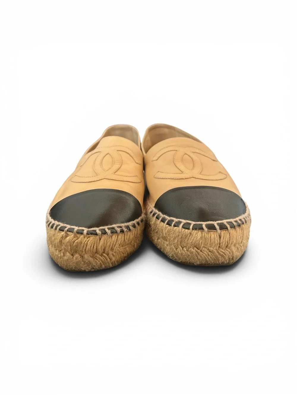 CHANEL Beige and Black Espadrille Flats with CC Logo